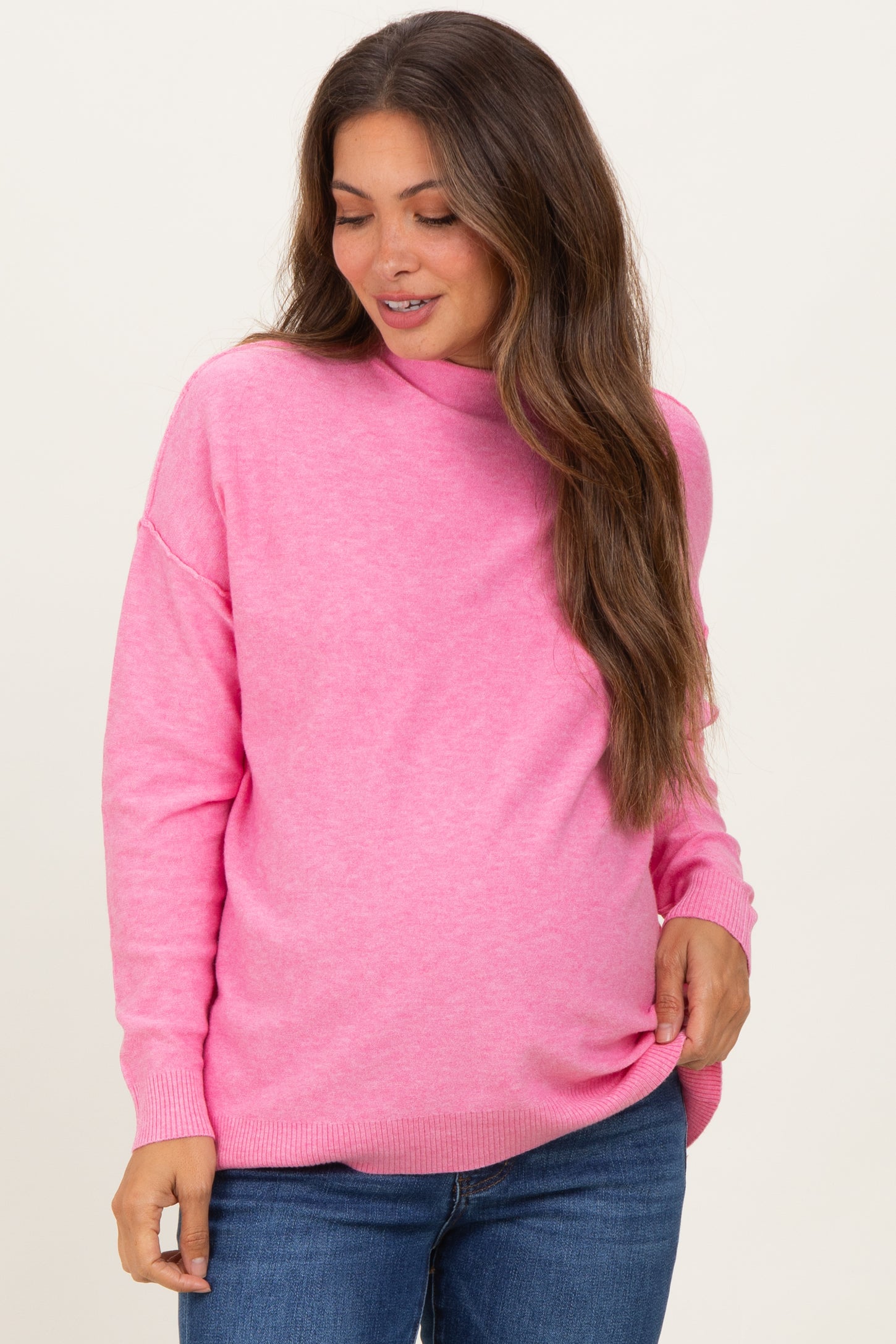 Pink Mock Neck Exposed Seam Maternity Sweater