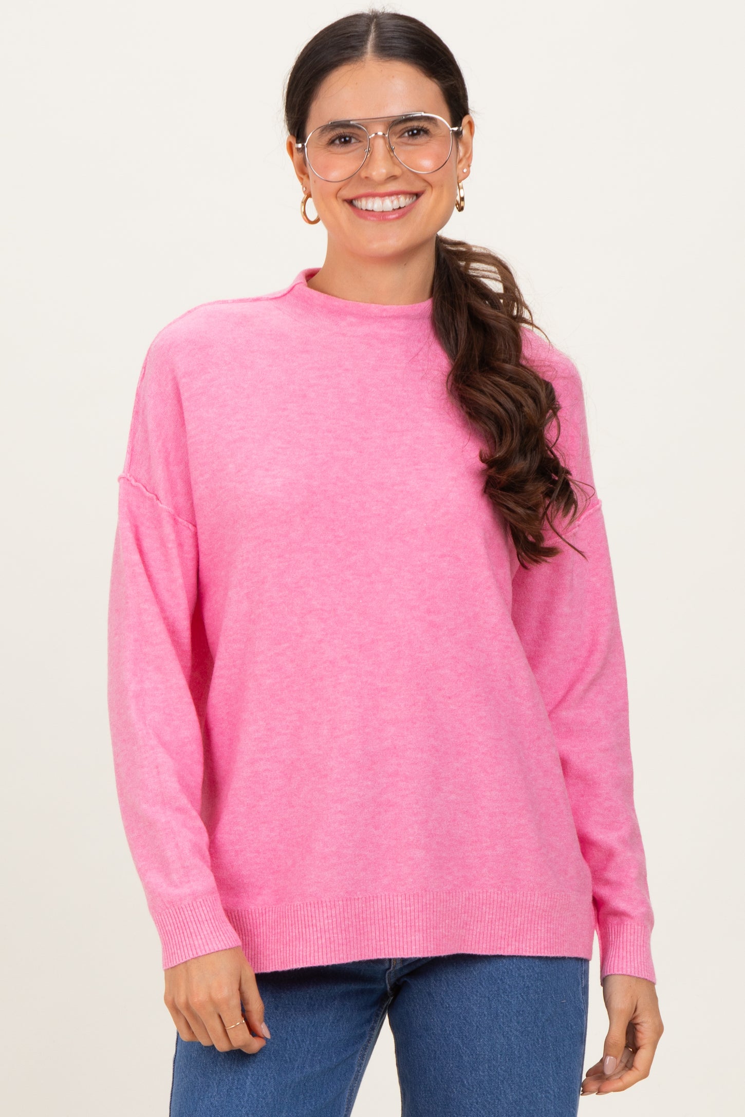 Pink Mock Neck Exposed Seam Maternity Sweater