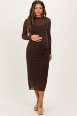 Brown Shimmer Mesh Long Sleeve Ruched Maternity Midi Dress