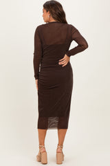 Brown Shimmer Mesh Long Sleeve Ruched Maternity Midi Dress