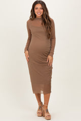 Mocha Shimmer Mesh Long Sleeve Ruched Maternity Midi Dress