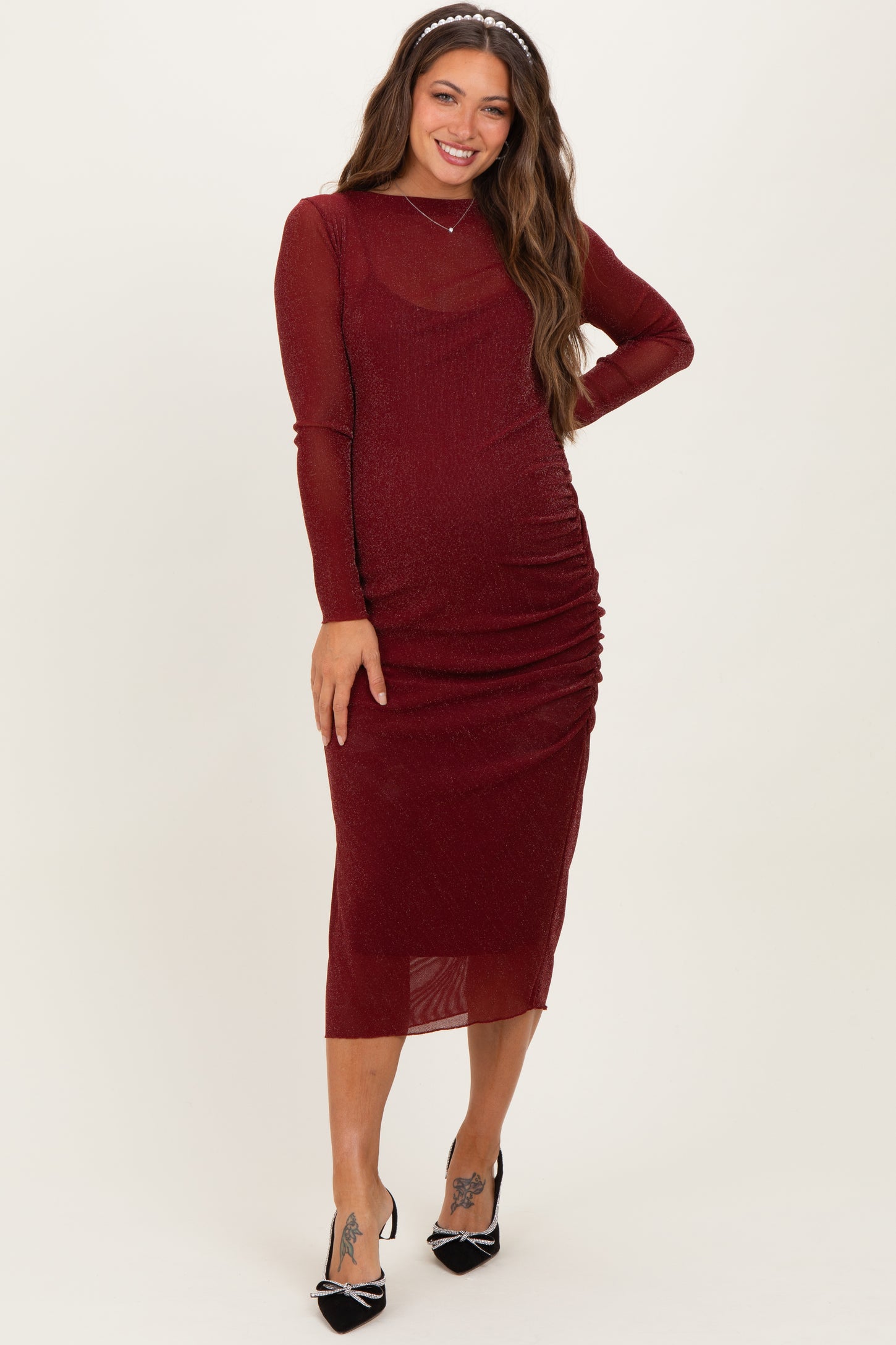 Burgundy Shimmer Mesh Long Sleeve Ruched Maternity Midi Dress PinkBlush Burgundy Shimmer Mesh Long Sleeve Ruched Maternity Midi Dress PinkBlush