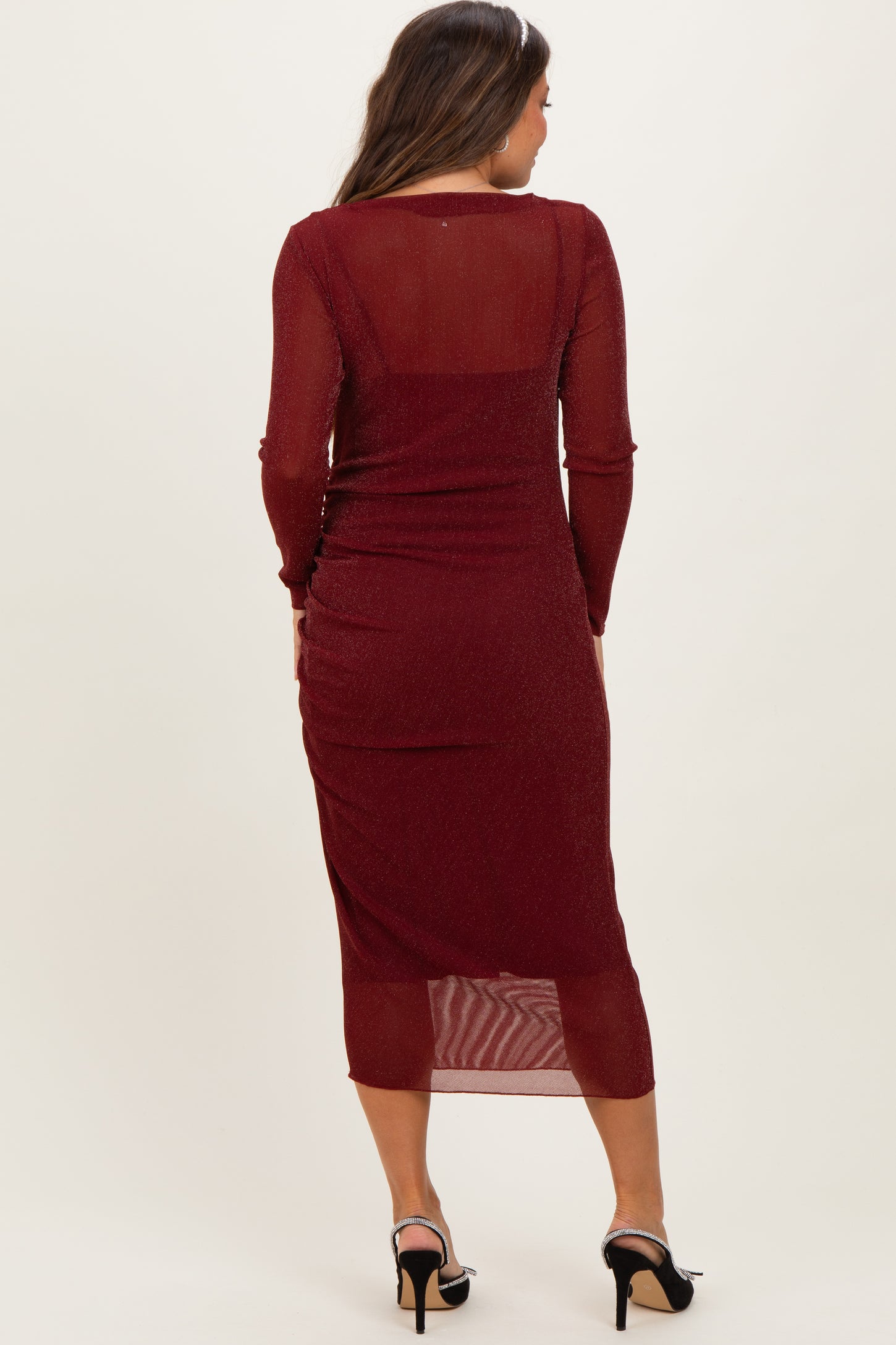 Burgundy Shimmer Mesh Long Sleeve Ruched Maternity Midi Dress