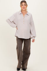 Oatmeal Solid Ribbed Long Sleeve Button Down Collared Maternity Top
