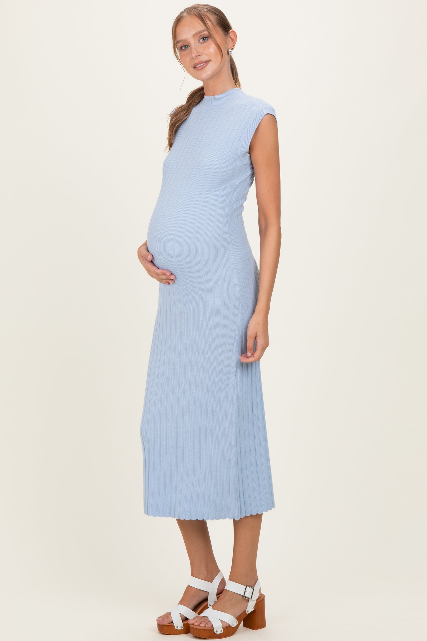 Sky Blue Ribbed Knit Mock Neck Maternity Maxi Dress