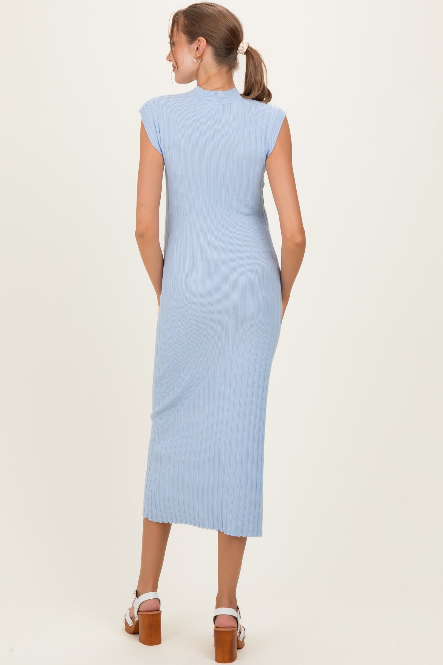 Sky Blue Ribbed Knit Mock Neck Maternity Maxi Dress
