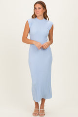 Sky Blue Ribbed Knit Mock Neck Maternity Maxi Dress