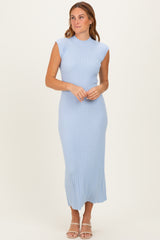 Sky Blue Ribbed Knit Mock Neck Maxi Dress