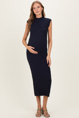 Navy Ribbed Knit Mock Neck Maternity Maxi Dress
