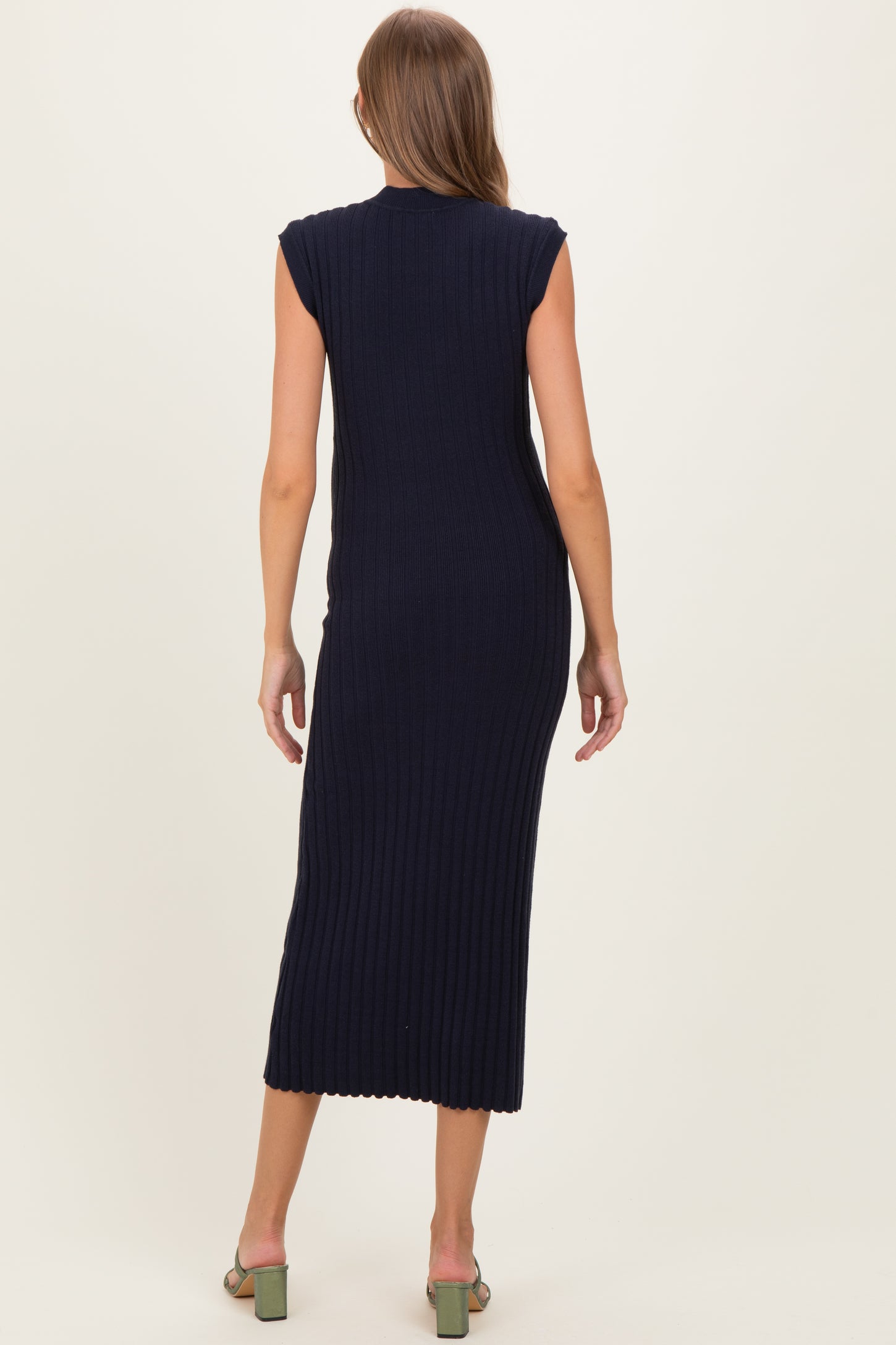 Navy Ribbed Knit Mock Neck Maternity Maxi Dress