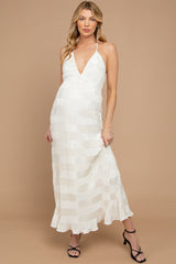 Cream Satin Plisse V-Neck Maternity Maxi Dress