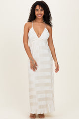 Cream Satin Plisse V-Neck Maternity Maxi Dress