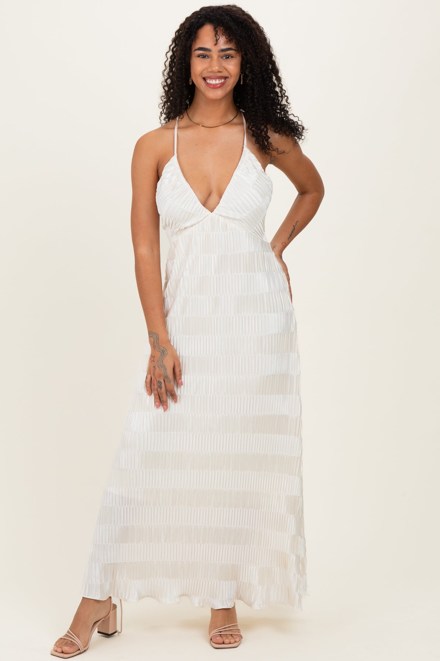 Cream Satin Plisse V-Neck Maxi Dress Cream Satin Plisse V-Neck Maxi Dress