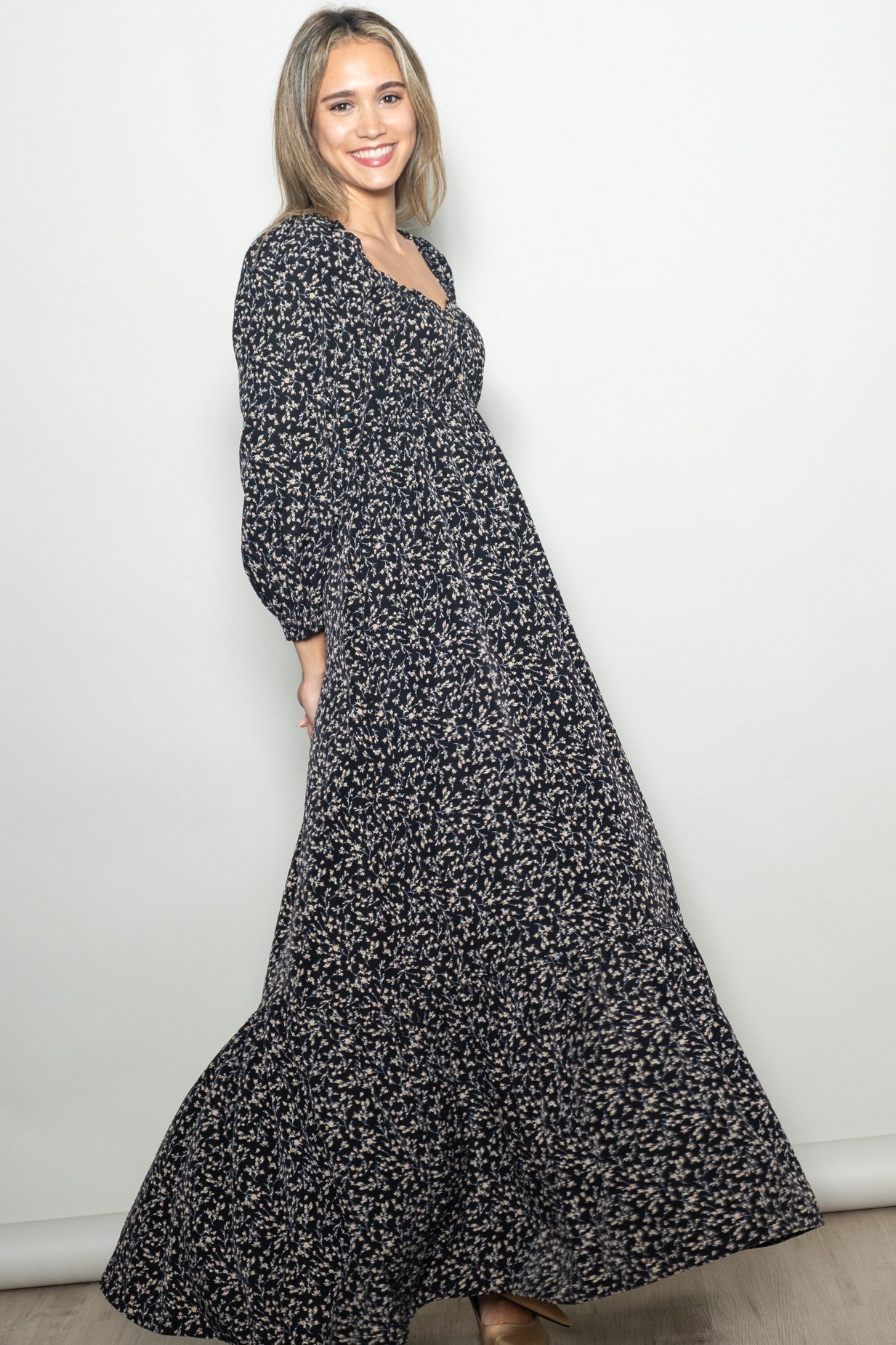 Black Floral Button Accent Long Sleeve Maxi Dress