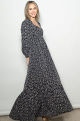 Black Floral Button Accent Long Sleeve Maxi Dress