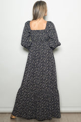 Black Floral Button Accent Long Sleeve Maxi Dress