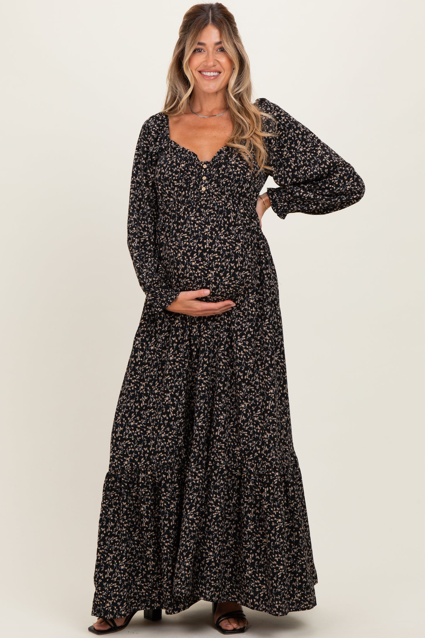 Black Floral Button Accent Long Sleeve Maternity Maxi Dress – PinkBlush