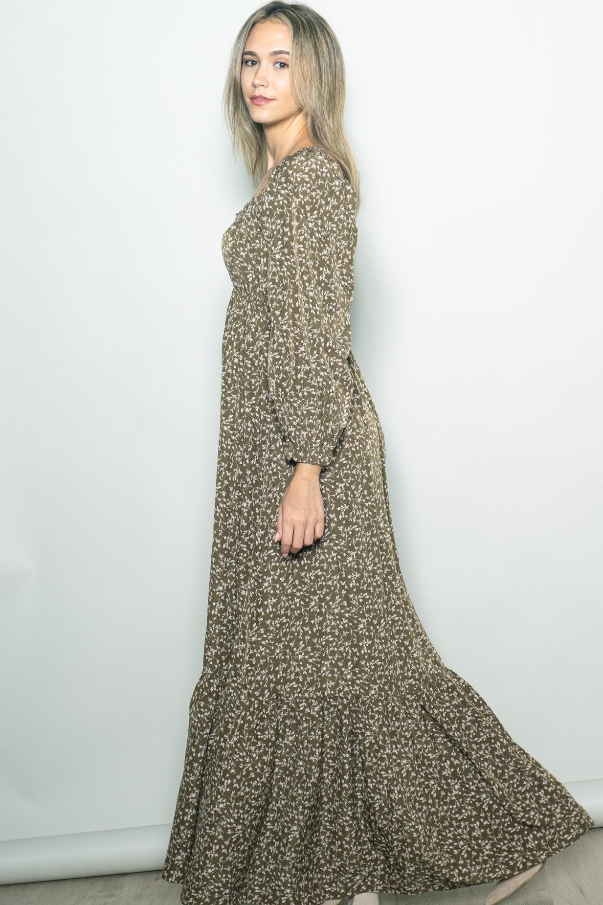 Olive Floral Button Accent Long Sleeve Maxi Dress
