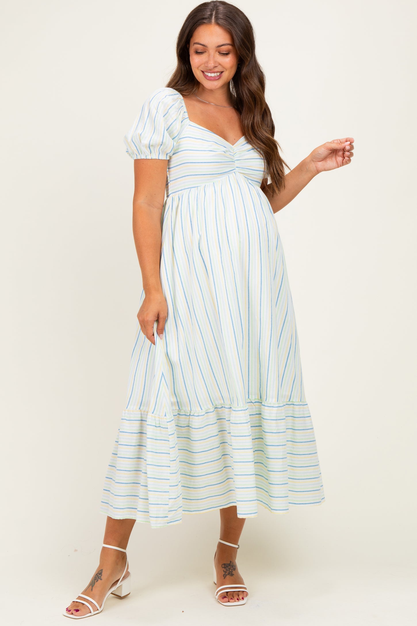 Lime Stripe Sweetheart Neckline Maternity Midi Dress