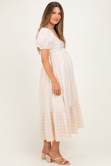 Orange Stripe Sweetheart Neckline Maternity Midi Dress