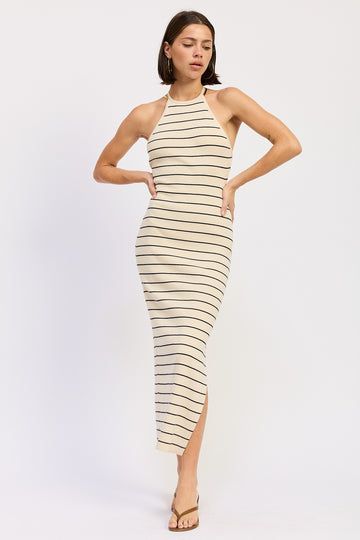 Cream Striped Halter Open Back Midi Dress