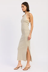 Cream Striped Halter Open Back Midi Dress