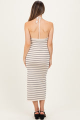 Cream Striped Halter Open Back Maternity Midi Dress