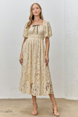 Cream Lace Puff Sleeve Maternity Midi Dress