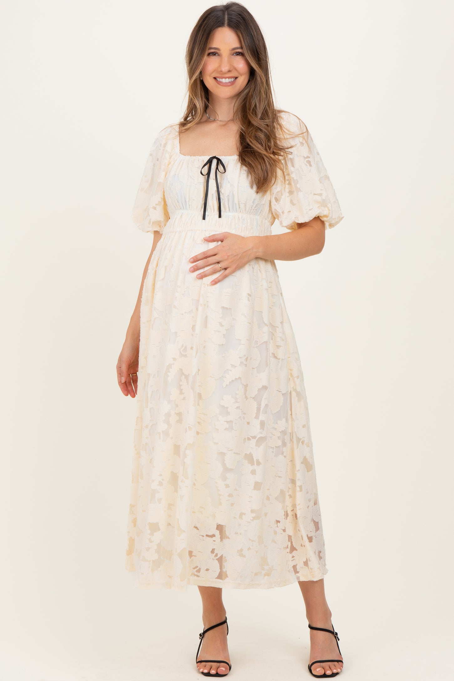 Cream Lace Puff Sleeve Maternity Midi Dress