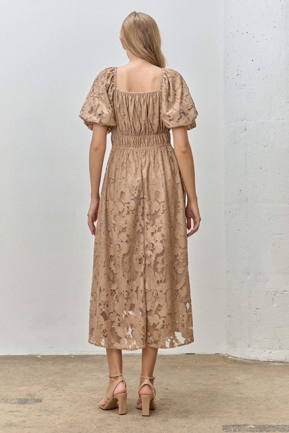 Mocha Lace Puff Sleeve Midi Dress