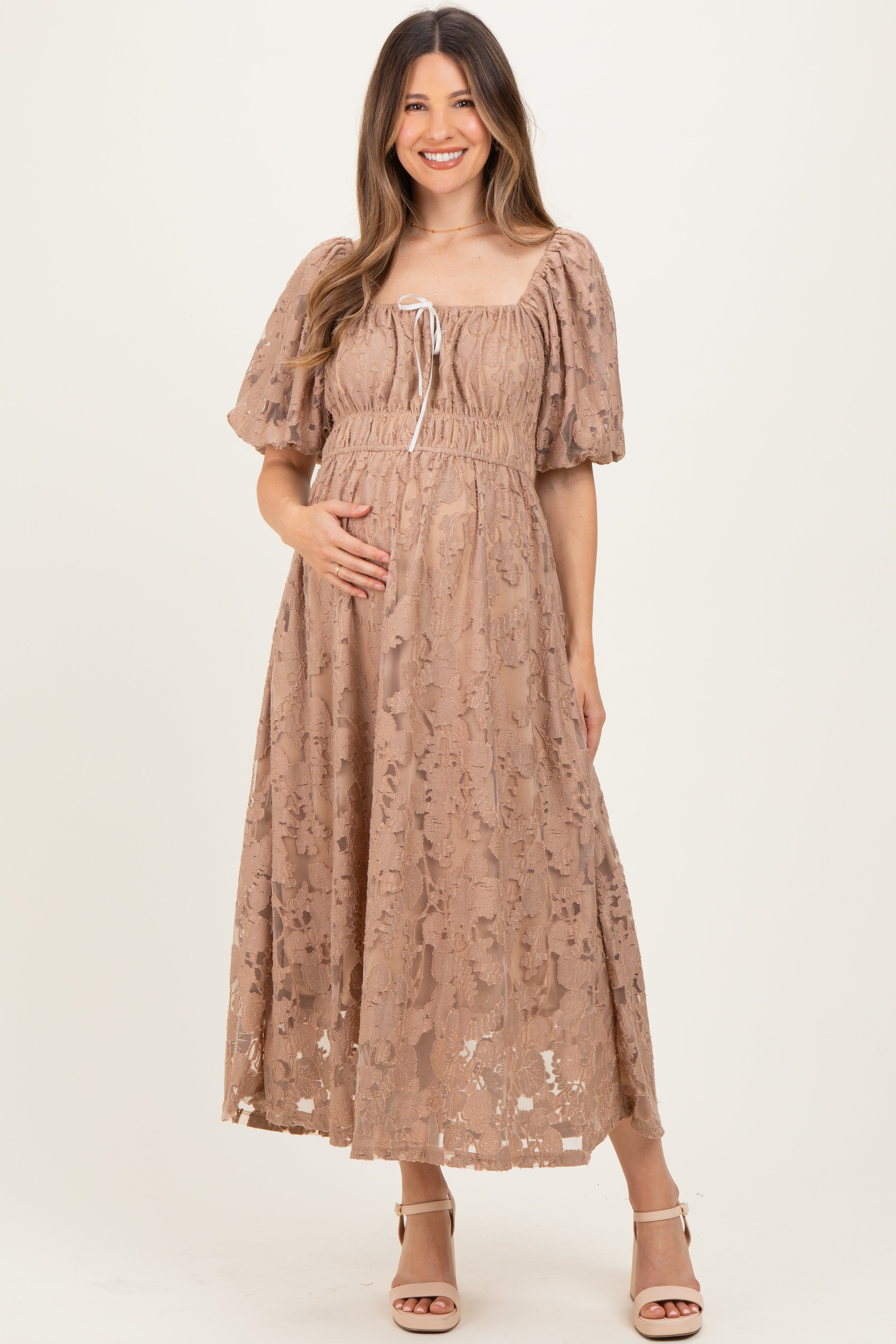 Mocha Lace Puff Sleeve Maternity Midi Dress – PinkBlush