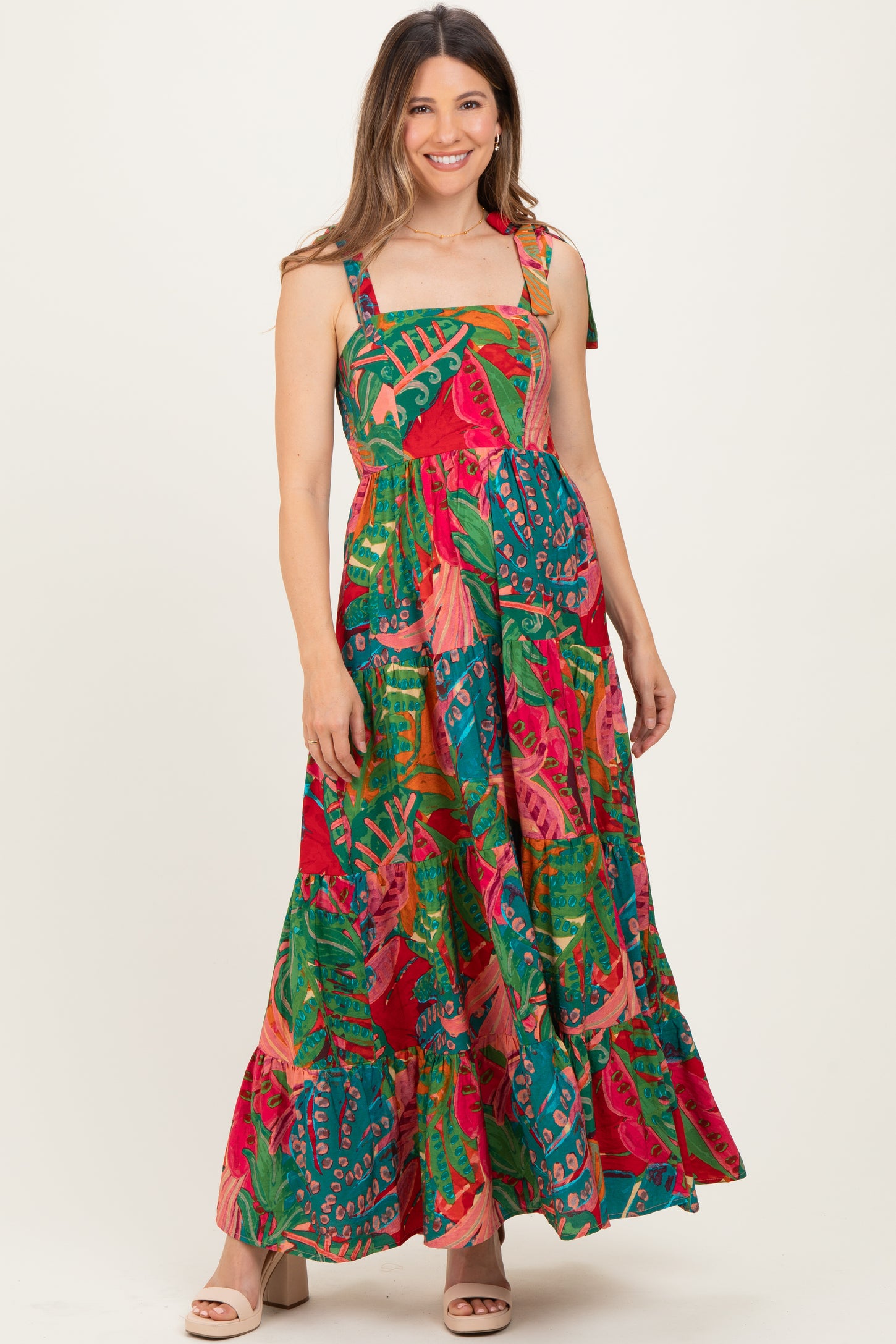Green Printed Shoulder Tie Tiered Maternity Maxi Dress