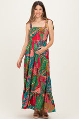 Green Printed Shoulder Tie Tiered Maternity Maxi Dress