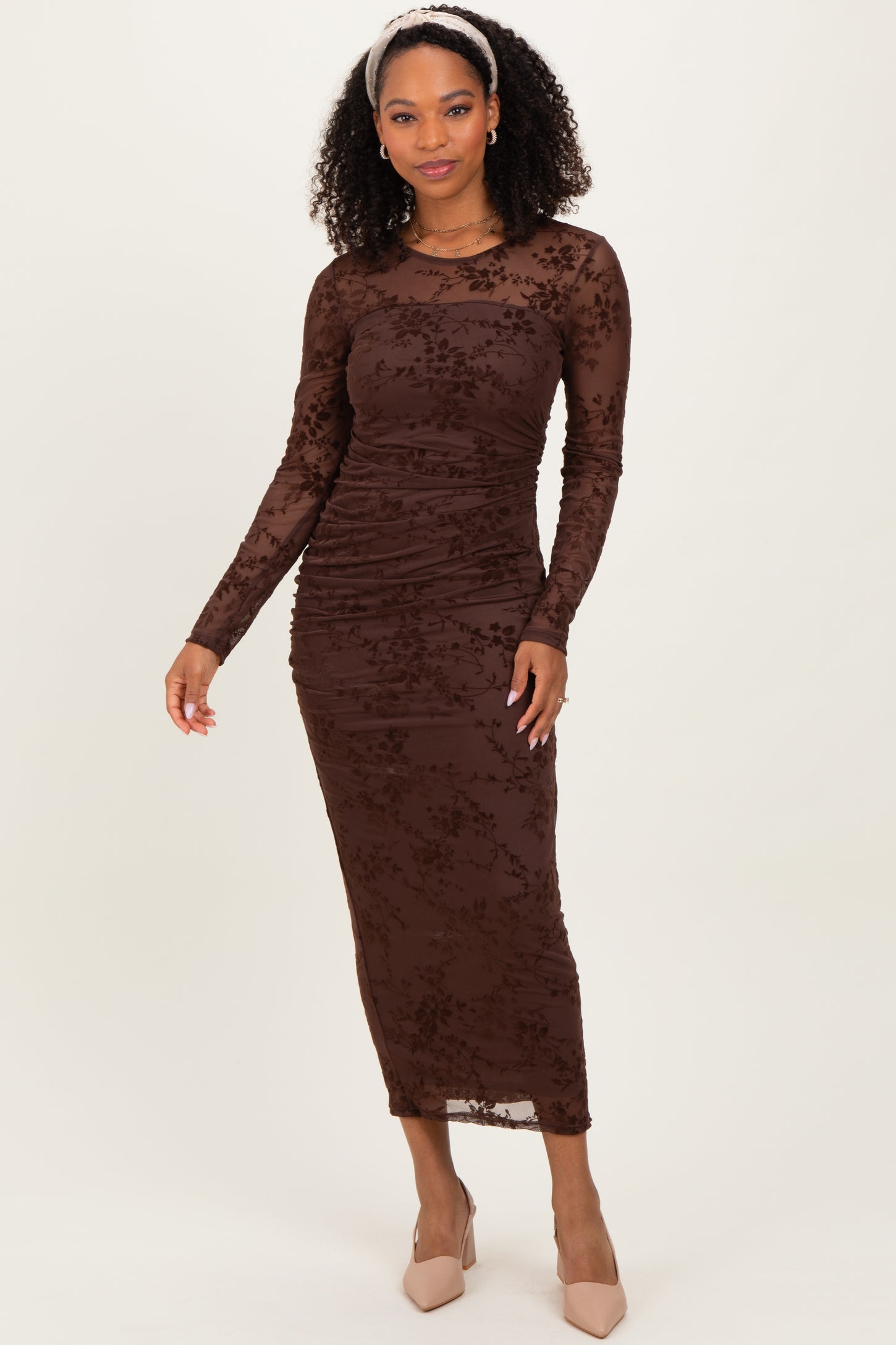 Brown Floral Flocked Mesh Long Sleeve Midi Dress PinkBlush Brown Floral Flocked Mesh Long Sleeve Midi Dress PinkBlush