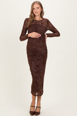 Brown Floral Flocked Mesh Long Sleeve Maternity Midi Dress