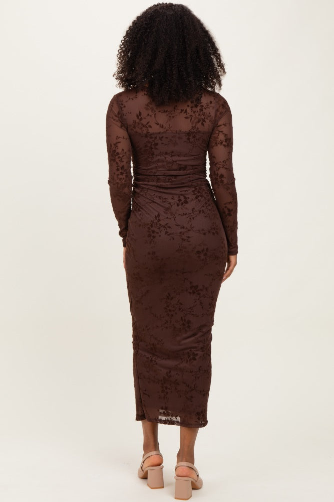 Brown Floral Flocked Mesh Long Sleeve Midi Dress