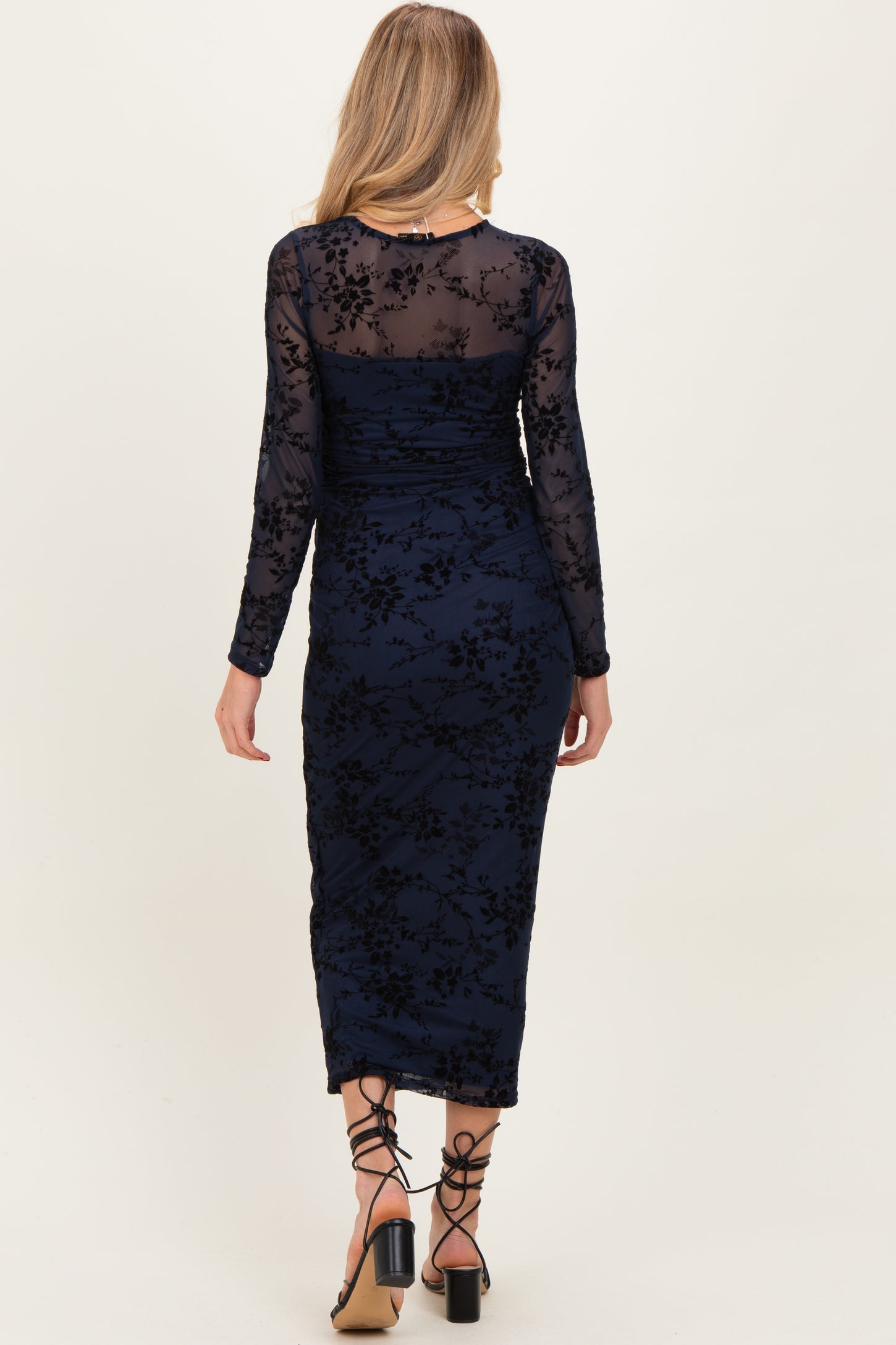 Navy Floral Flocked Mesh Long Sleeve Maternity Midi Dress