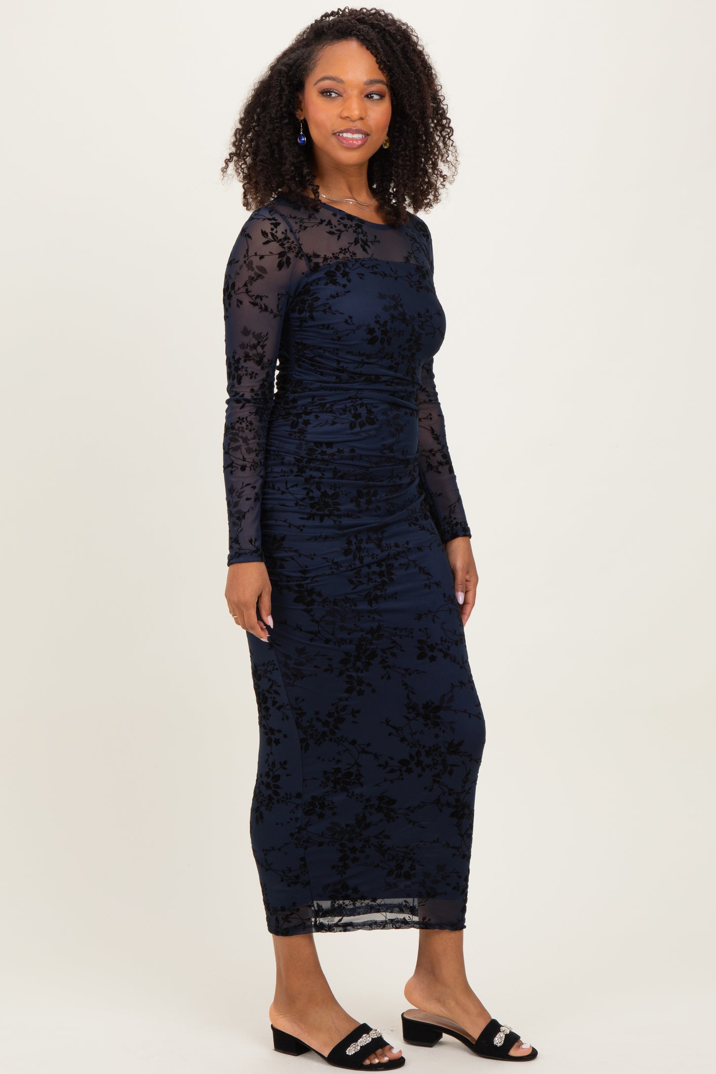 Navy Floral Flocked Mesh Long Sleeve Midi Dress