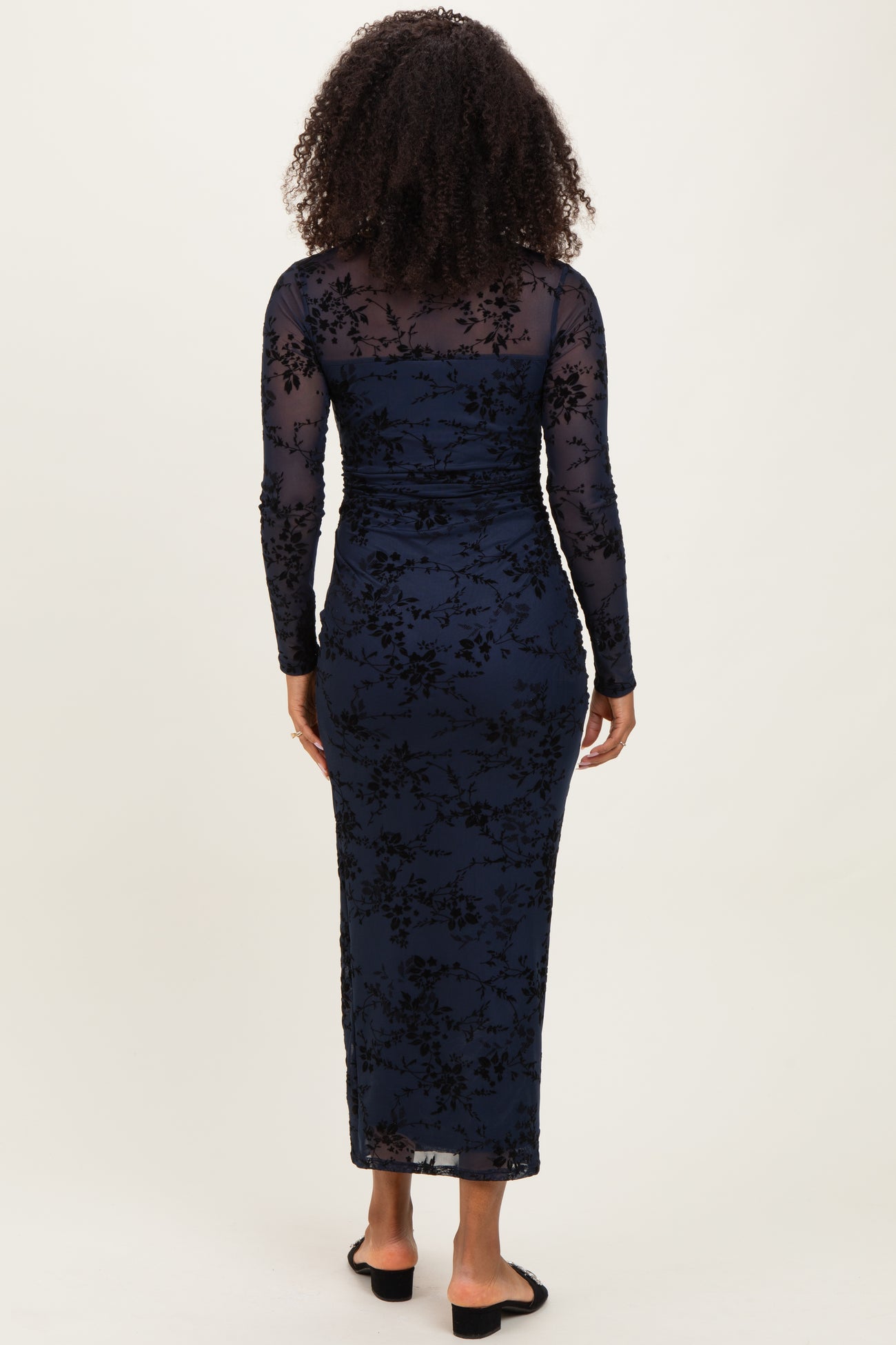 Navy Floral Flocked Mesh Long Sleeve Midi Dress Navy Floral Flocked Mesh Long Sleeve Midi Dress