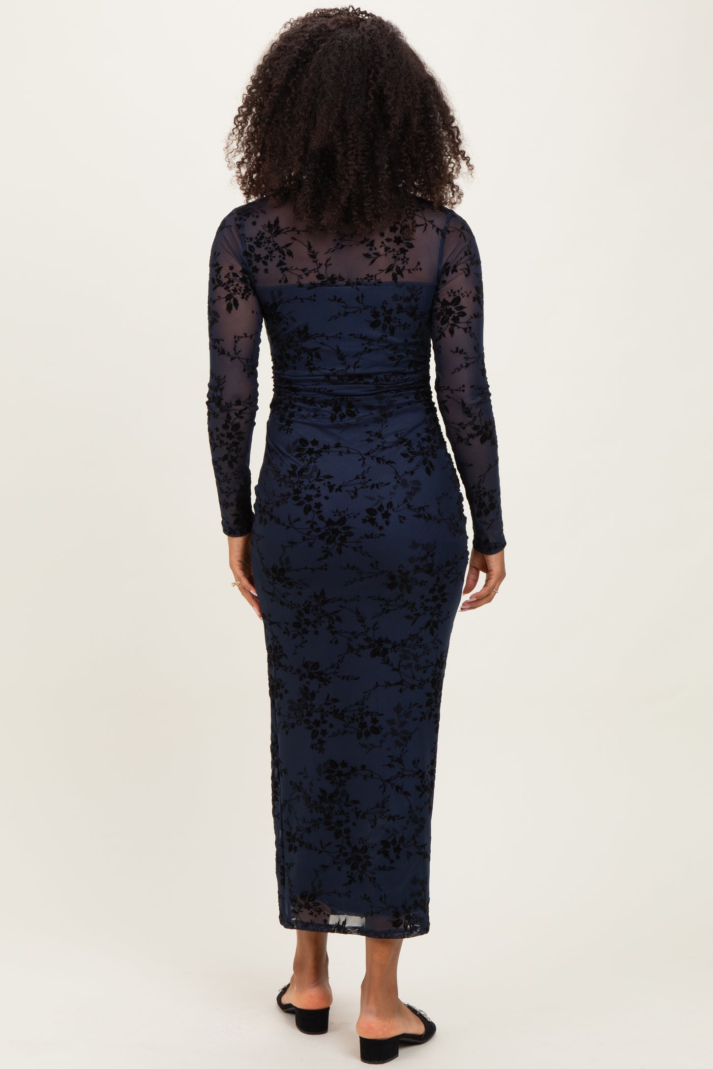 Navy Floral Flocked Mesh Long Sleeve Midi Dress – PinkBlush
