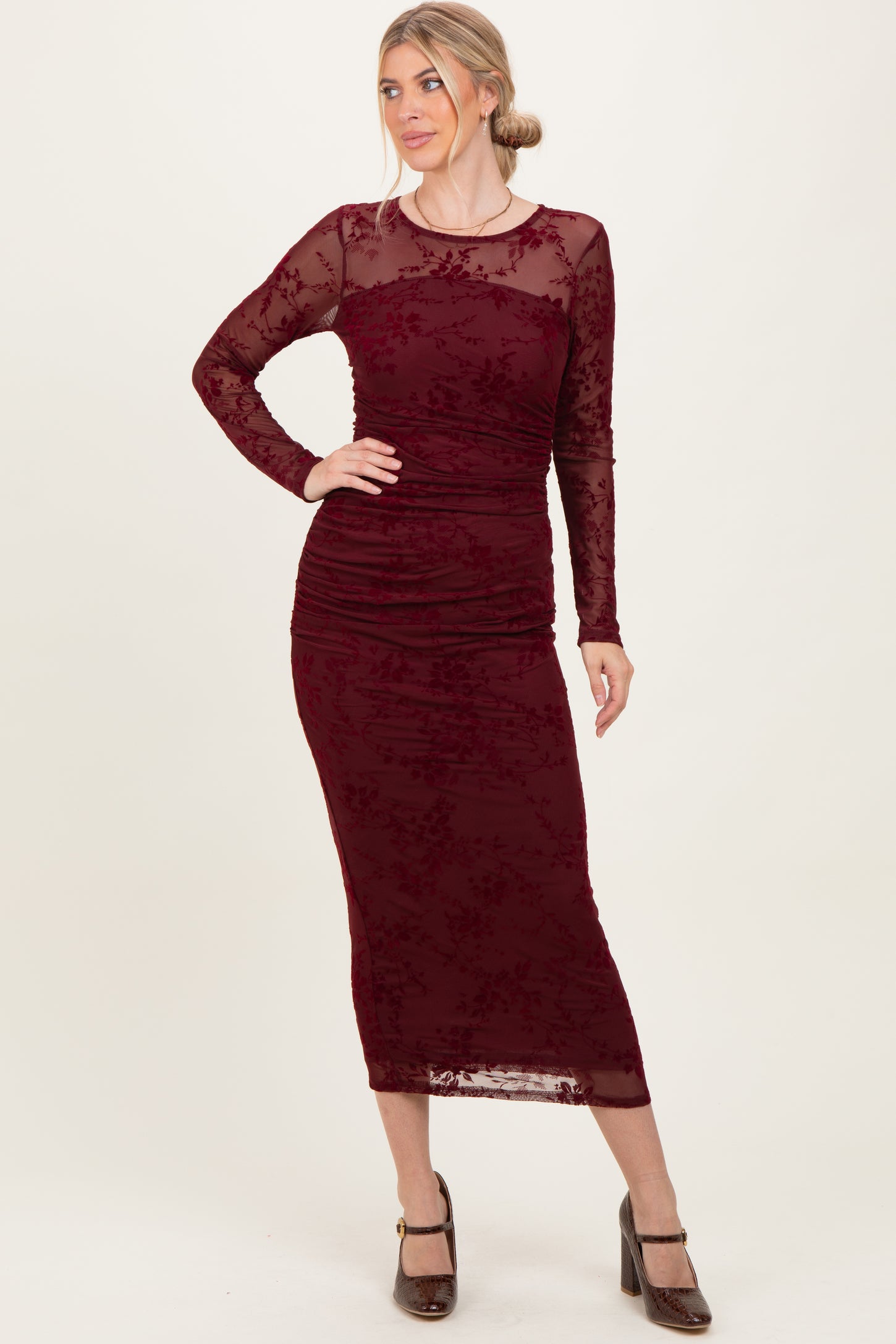 Burgundy Floral Flocked Mesh Long Sleeve Maternity Midi Dress PinkBlush Burgundy Floral Flocked Mesh Long Sleeve Maternity Midi Dress PinkBlush