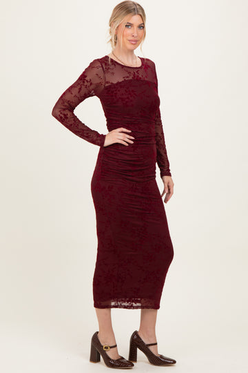 Burgundy Floral Flocked Mesh Long Sleeve Midi Dress
