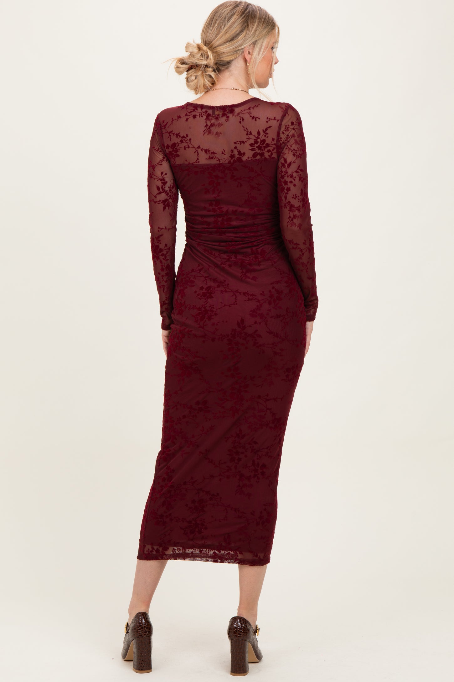 Burgundy Floral Flocked Mesh Long Sleeve Midi Dress Burgundy Floral Flocked Mesh Long Sleeve Midi Dress