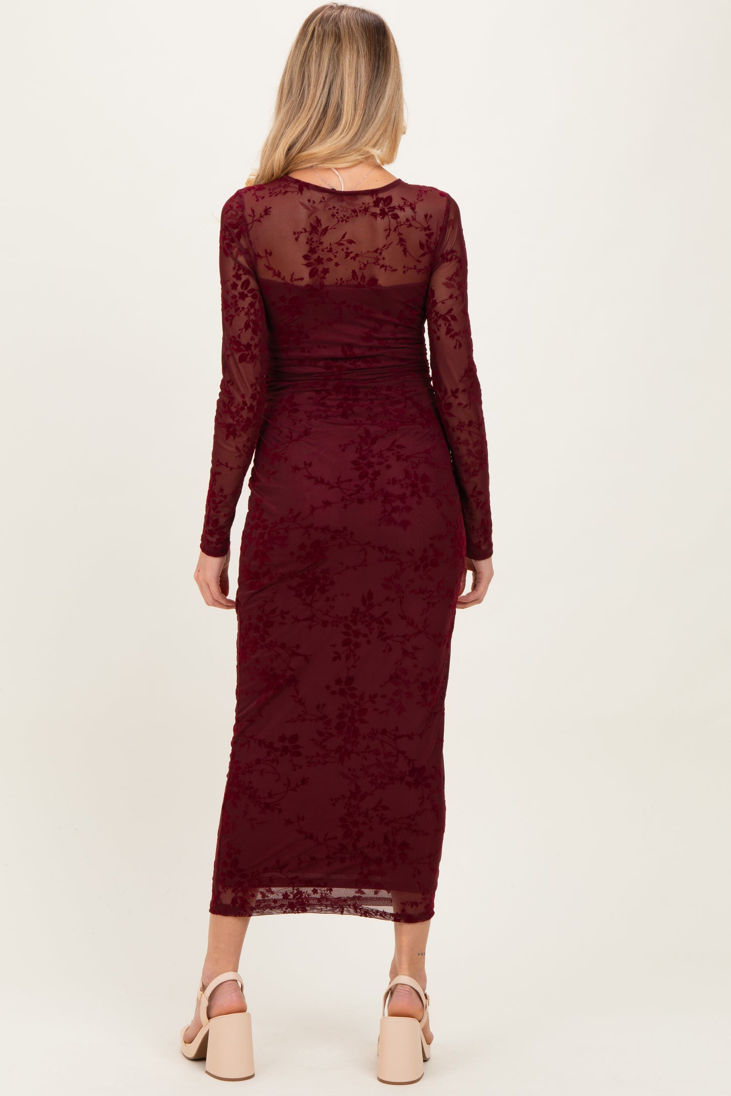 Burgundy Floral Flocked Mesh Long Sleeve Maternity Midi Dress