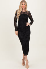 Black Floral Flocked Mesh Long Sleeve Midi Dress