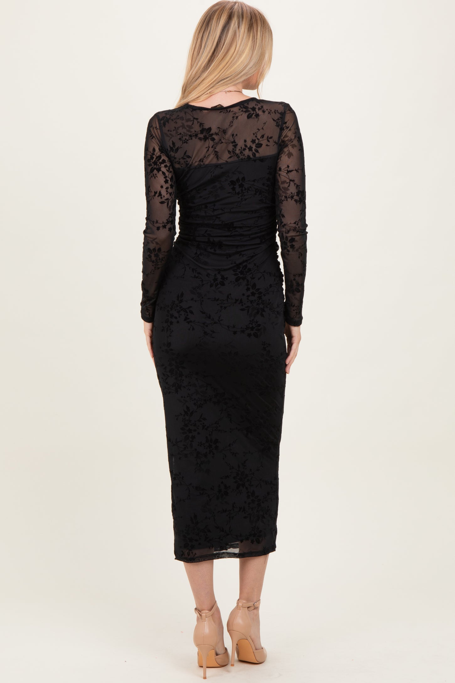 Black Floral Flocked Mesh Long Sleeve Midi Dress Black Floral Flocked Mesh Long Sleeve Midi Dress