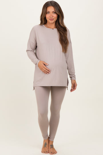Light Mocha Brushed Knit Oversized Top and Legging Maternity Set