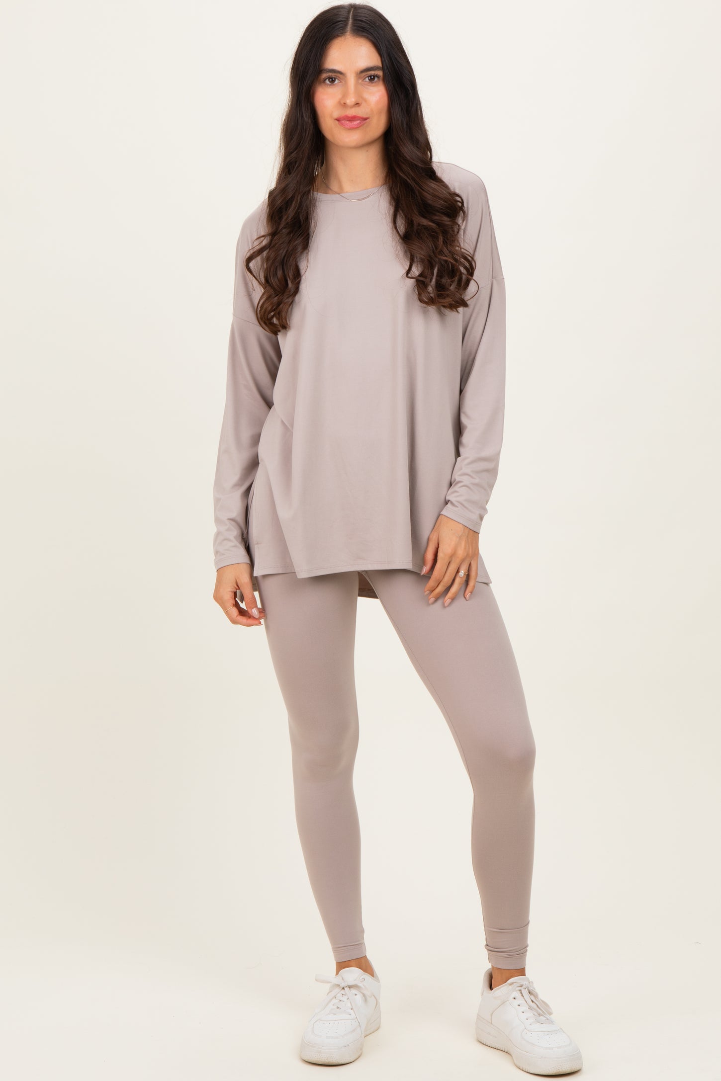 Light Mocha Brushed Knit Oversized Top and Legging Maternity Set