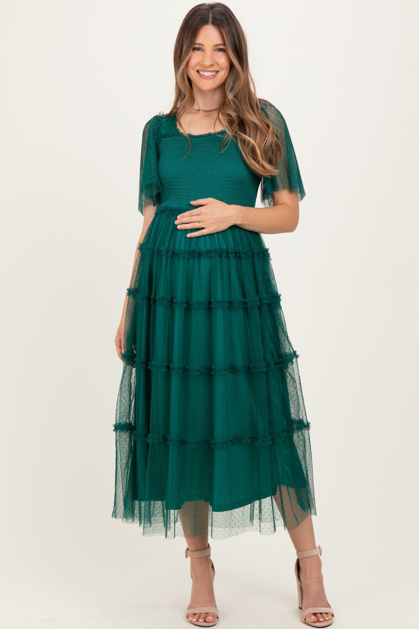 Emerald Green Ruffled Mesh Maternity Maxi Dress – PinkBlush