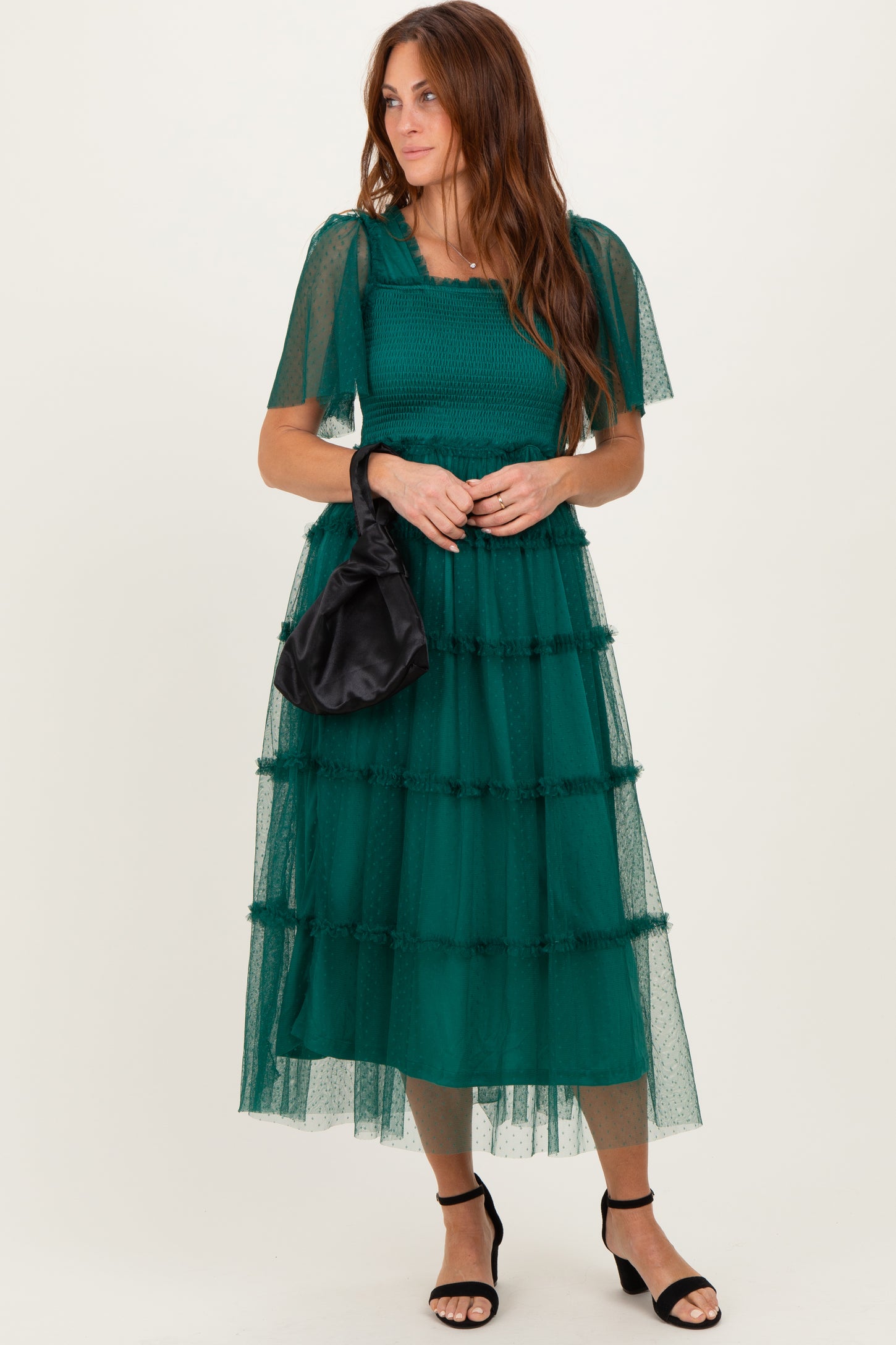 Emerald Green Ruffled Mesh Maxi Dress Emerald Green Ruffled Mesh Maxi Dress